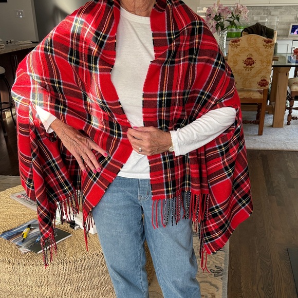 J. Crew Vibrant Red Plaid Shawl with Fringe - Picture 2 of 5
